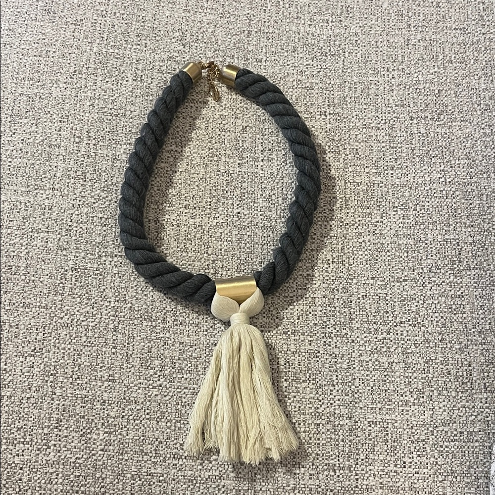 Plunder Design Evelyn‎ Chunky Bohemian Grey and Gold Necklace with Cream Tassel